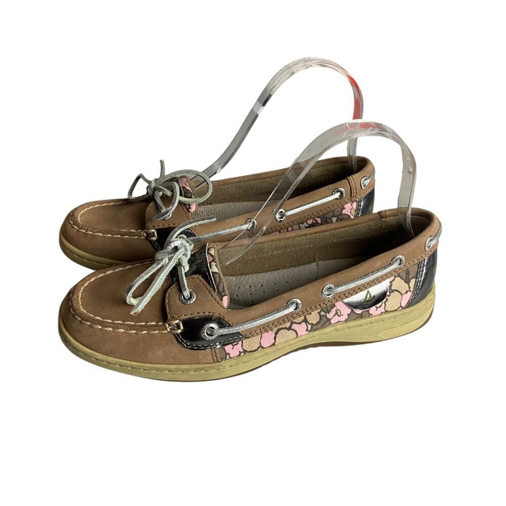 Sperry Top Sider Women's Size 6.5 Boat Shoes Angelfish Leather Tan Pink Floral